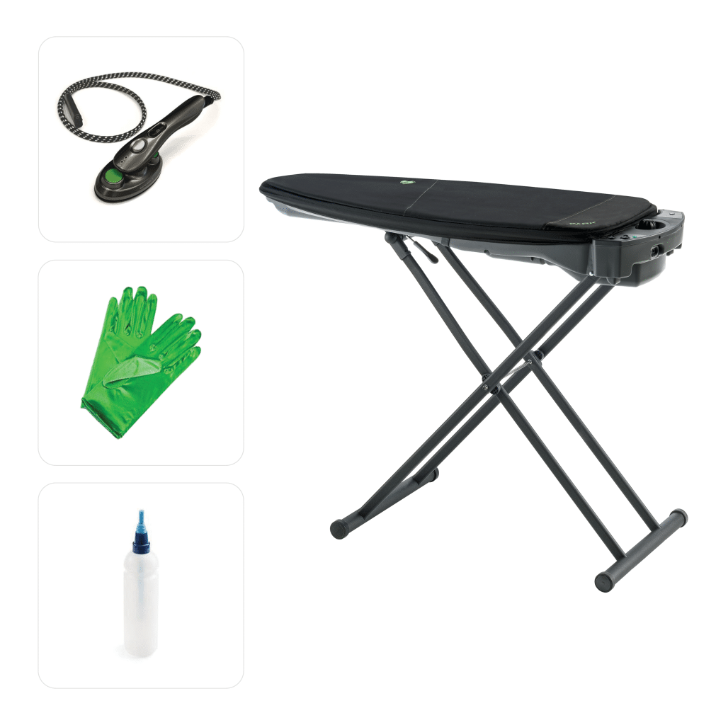 sistema stirante Andy: asse da stiro aspiorante e soffiante professionale con vapore integrato. L'unico asse da stiro che funziona senza ferro da stiro. Con accessorio Mimo incluso, funziona come un ferro da stiro per stirare i dettagli o anche da ferro da stiro verticale professionale.