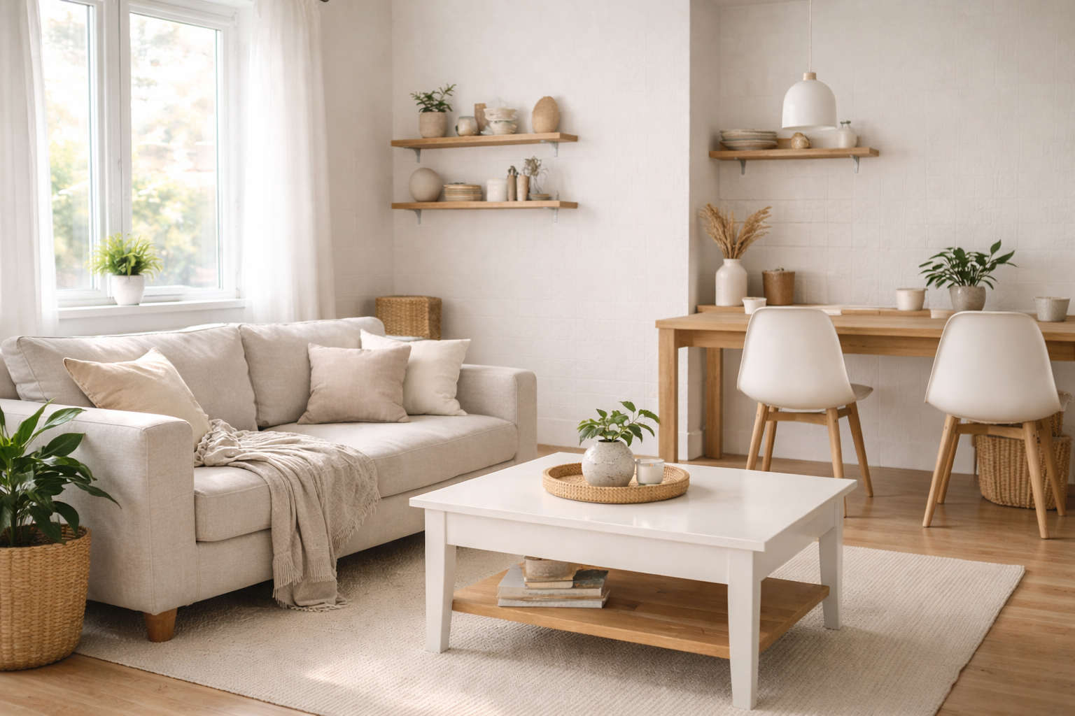 Soggiorno moderno e ordinato con divano chiaro, tavolino e luce naturale, esempio di pulizie di casa smart.