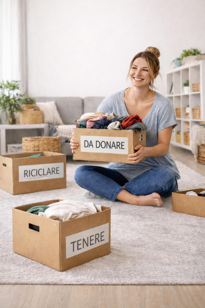 Donna che fa decluttering in soggiorno organizzando vestiti in scatole per donare, riciclare e tenere