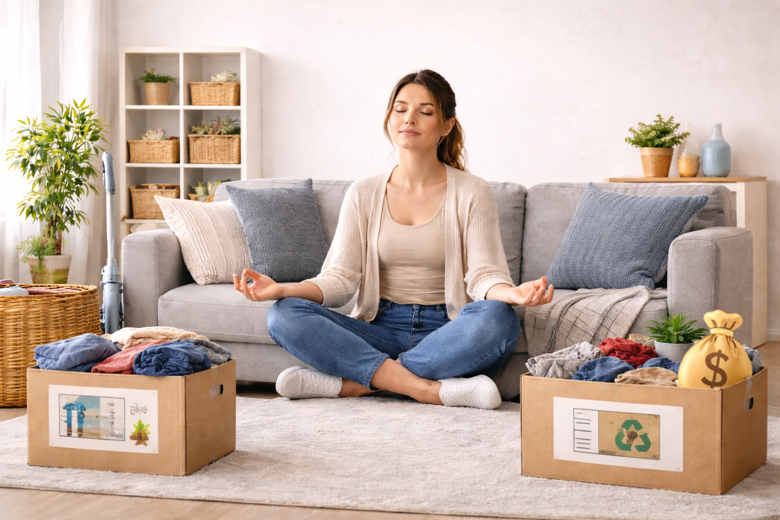 Donna rilassata in un soggiorno ordinato con scatole di oggetti selezionati dopo il decluttering domestico