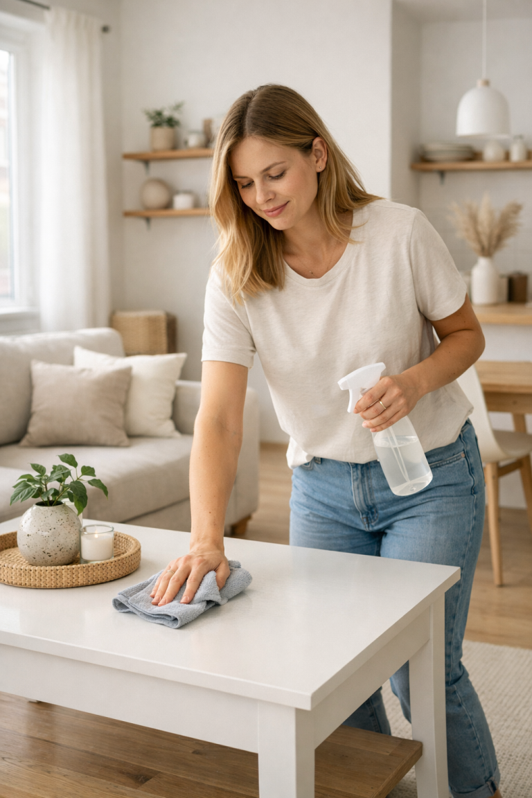 Donna che pulisce il tavolino del soggiorno con un panno in microfibra, in un ambiente domestico luminoso e ordinato