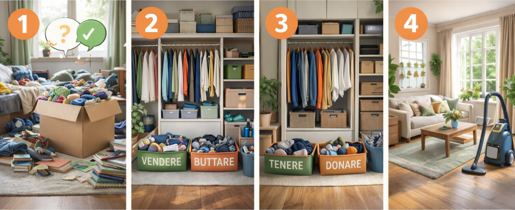 Sequenza orizzontale di quattro immagini che mostrano il processo di decluttering domestico: stanza disordinata, selezione degli oggetti, armadio organizzato e soggiorno pulito e ordinato.