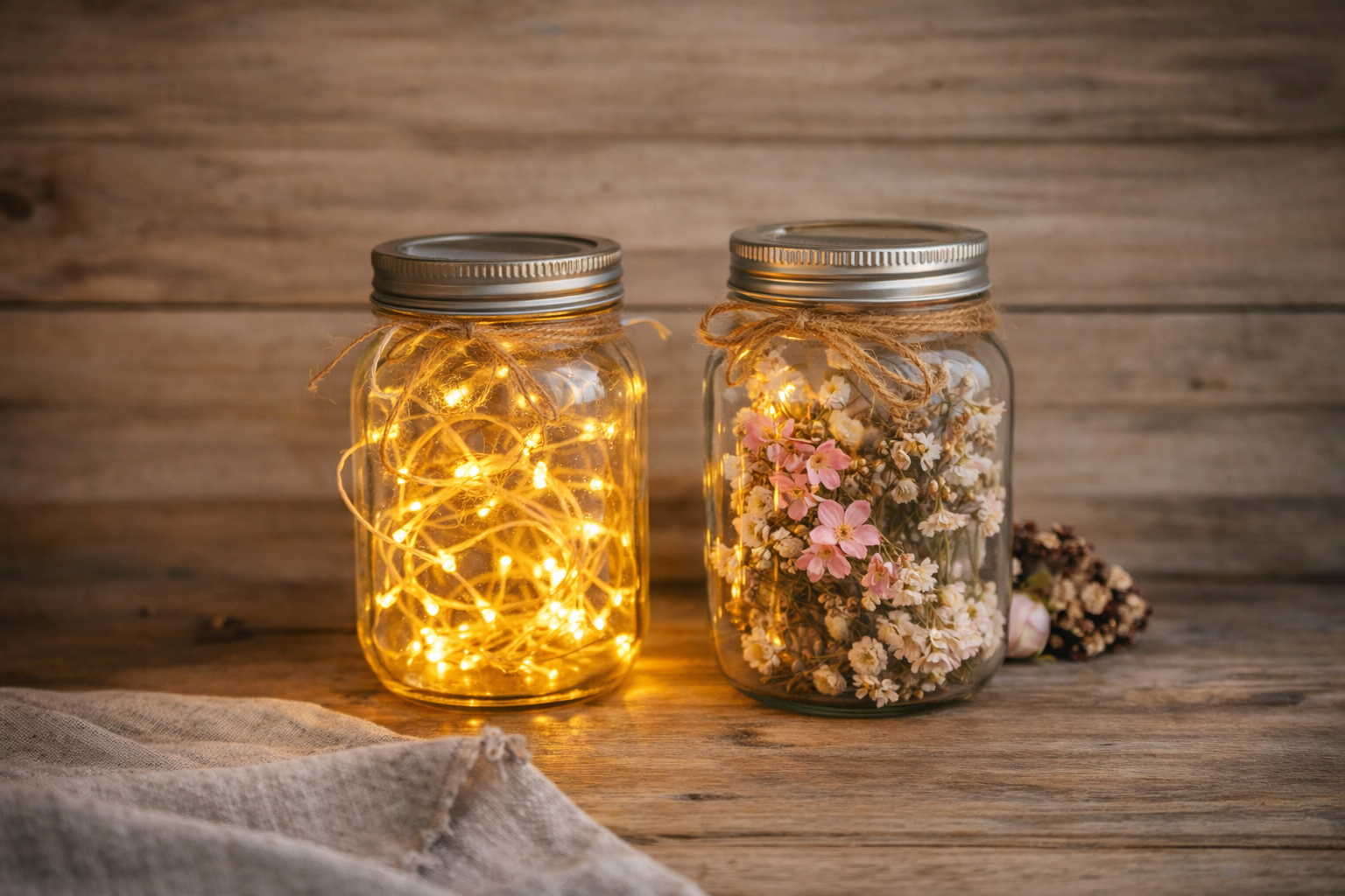 Barattoli primaverili decorativi con luci LED e fiori secchi su tavolo in legno