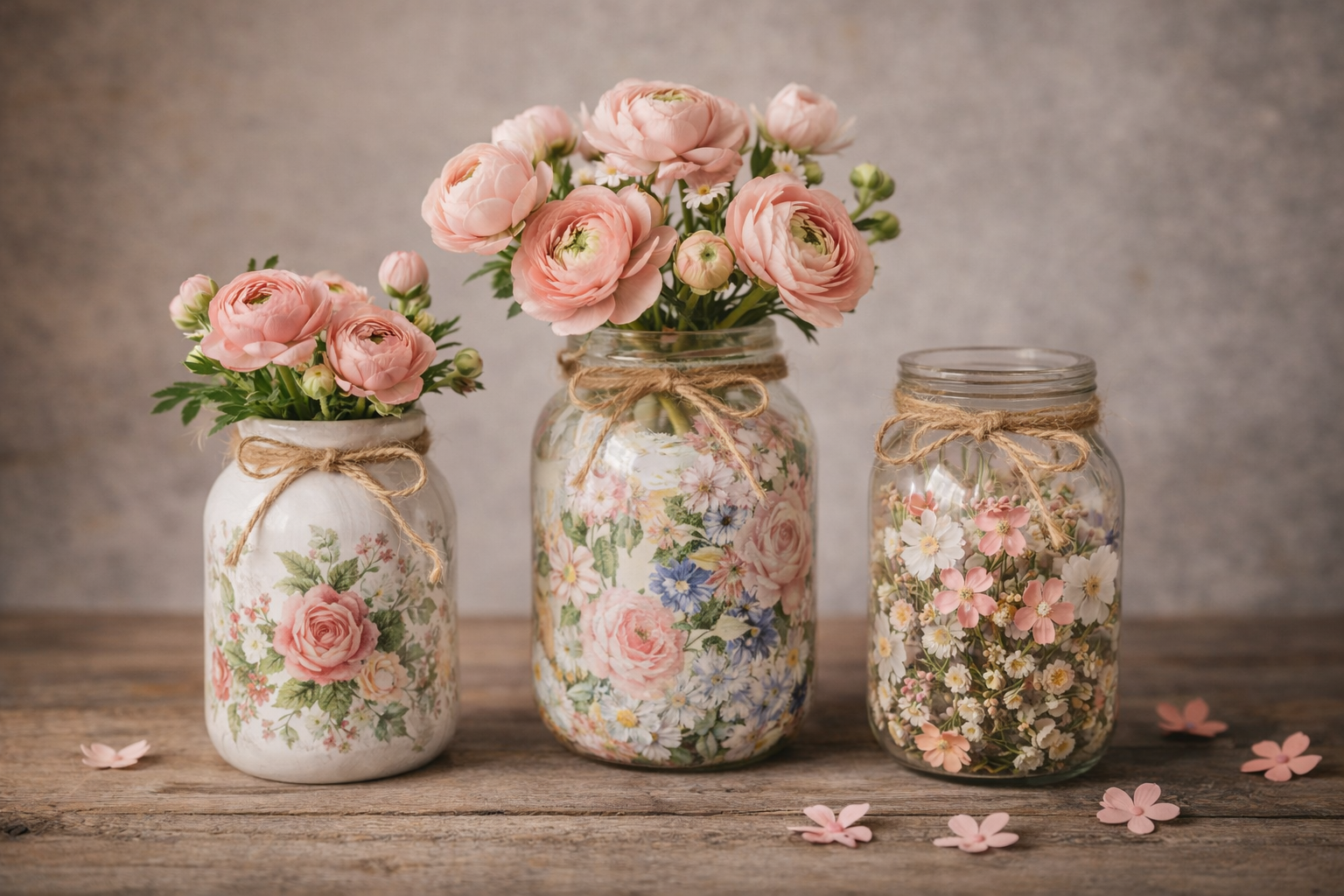 Vasi decorati con carta floreale e fiori rosa su tavolo in legno
