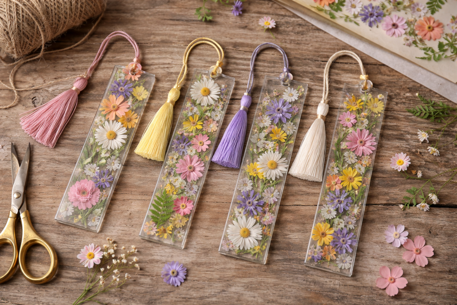Segnalibri decorativi con fiori pressati colorati su tavolo in legno