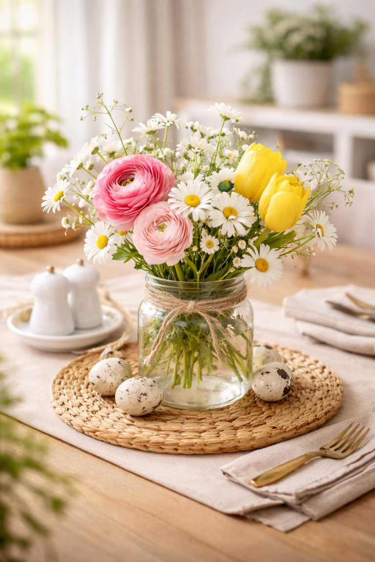 Centrotavola primaverile fai da te con tulipani e margherite in barattoli di vetro decorati con spago naturale.