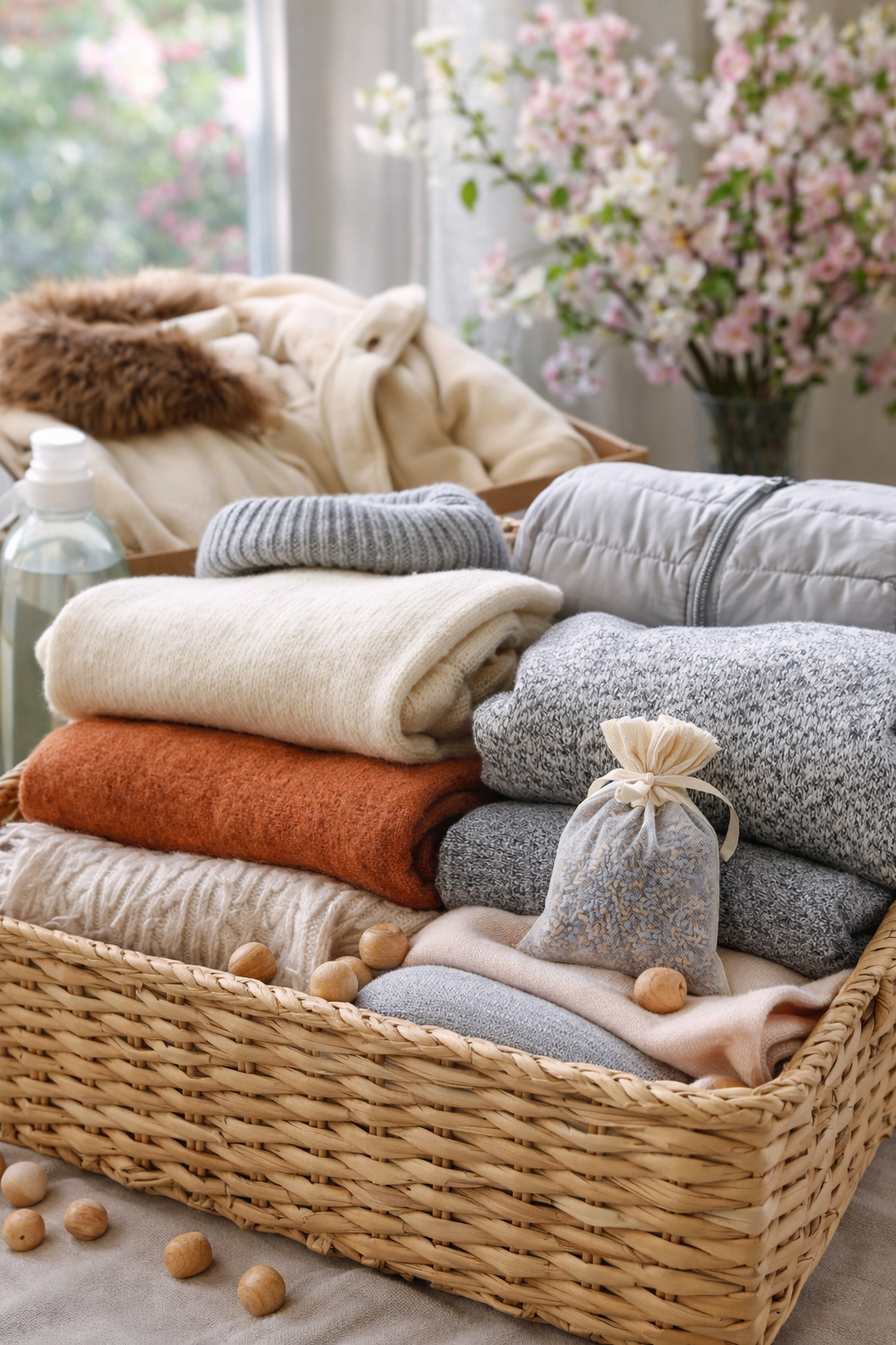 Capi invernali piegati e conservati in una cesta con sacchetto alla lavanda per il cambio stagione