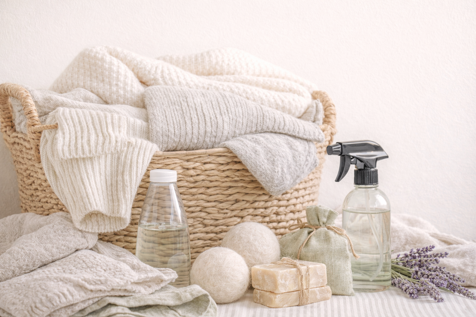 Capi invernali puliti piegati in una cesta con prodotti naturali per la conservazione durante il cambio stagione