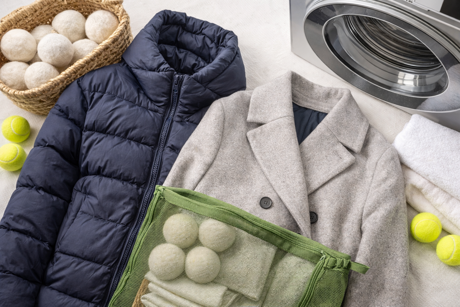 Cappotto in lana e piumino con palline da tennis e accessori per il lavaggio e l’asciugatura dei capi invernali