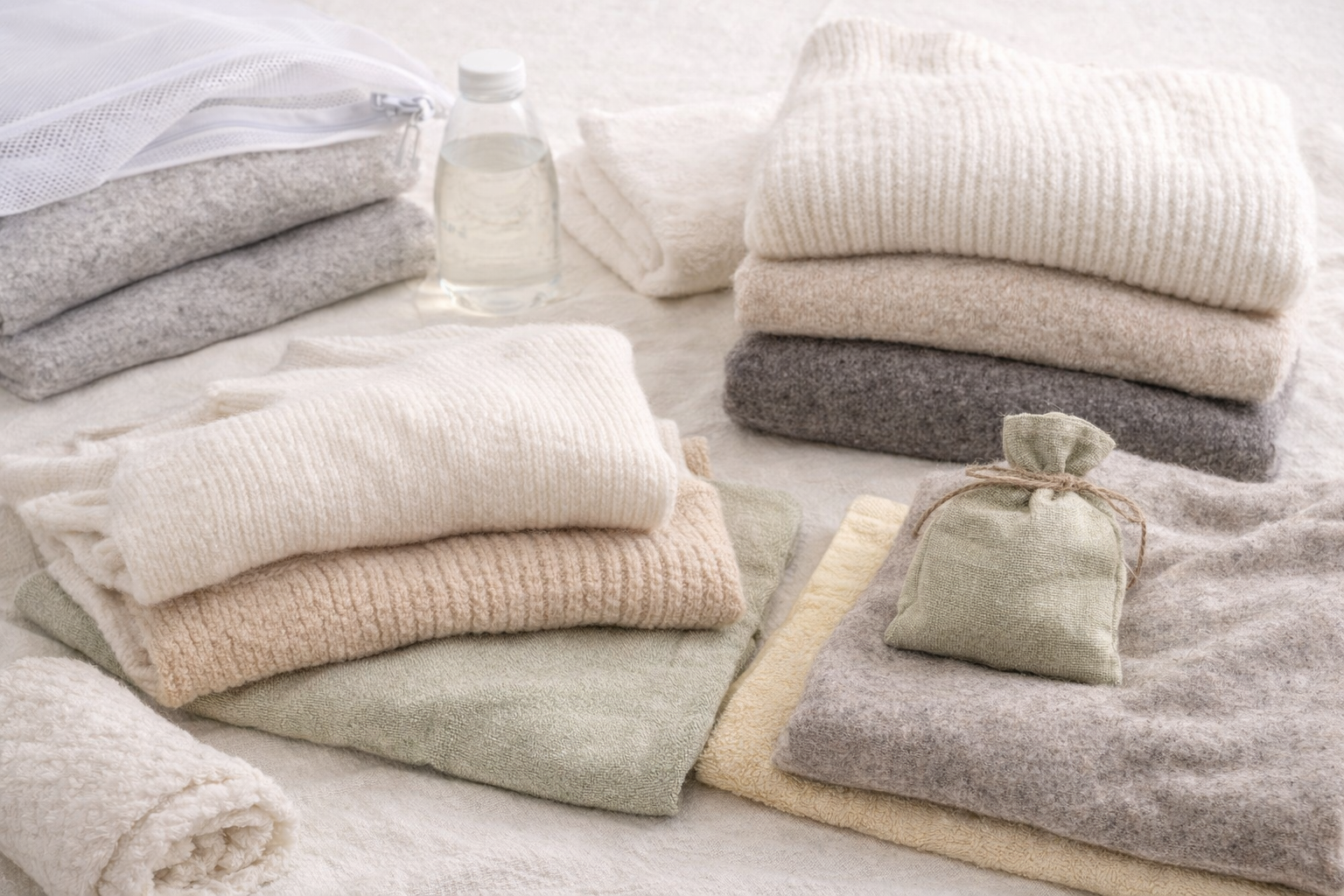 Maglioni in lana e cashmere piegati con asciugamano per asciugatura delicata dopo il lavaggio