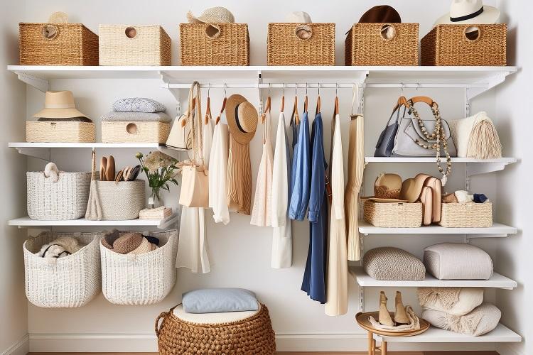 Armadio ordinato con vestiti appesi, scatole in vimini e accessori organizzati su mensole.