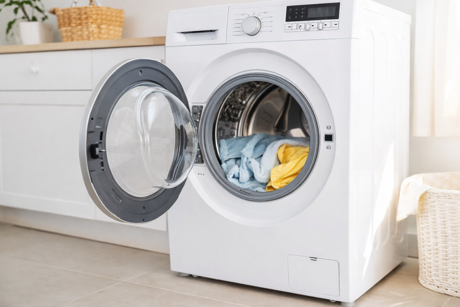 Lavatrice moderna durante il lavaggio dei vestiti in casa