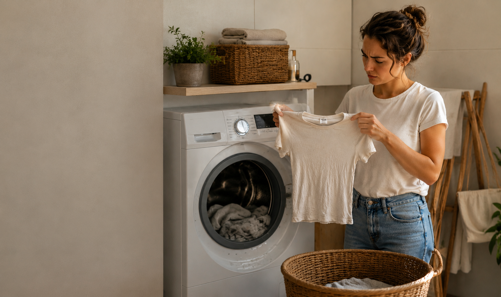 Donna controlla maglietta in cotone ristretta dopo lavaggio errato in lavanderia domestica