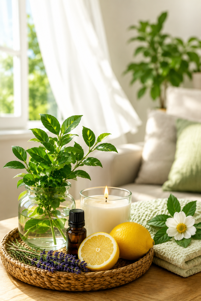 Casa fresca e profumata con rimedi naturali: limone, lavanda, candela profumata e oli essenziali in un soggiorno luminoso
