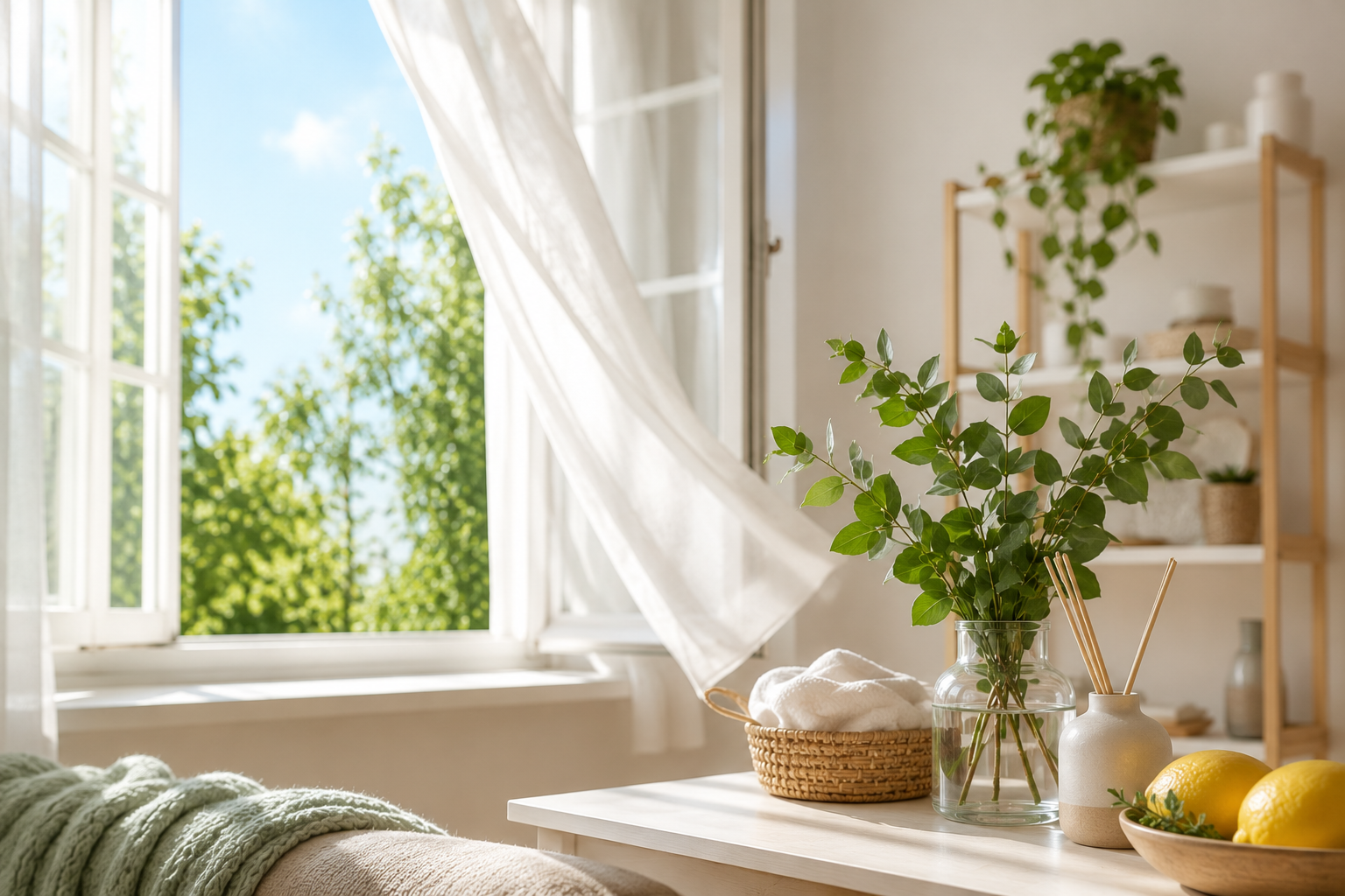 Casa fresca e profumata con finestra aperta, diffusore di fragranze naturali e limoni in un ambiente domestico luminoso