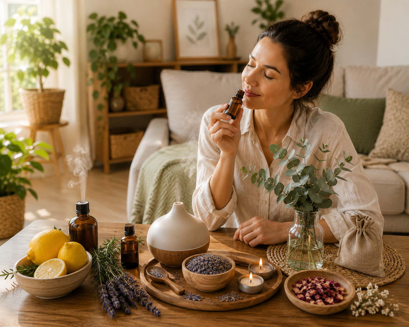 Donna mentre utilizza oli essenziali e profumi naturali per profumare la casa in modo naturale in un ambiente domestico accogliente