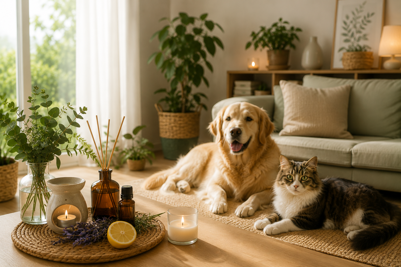 Casa fresca e profumata con animali domestici, cane e gatto in soggiorno con soluzioni naturali per eliminare i cattivi odori