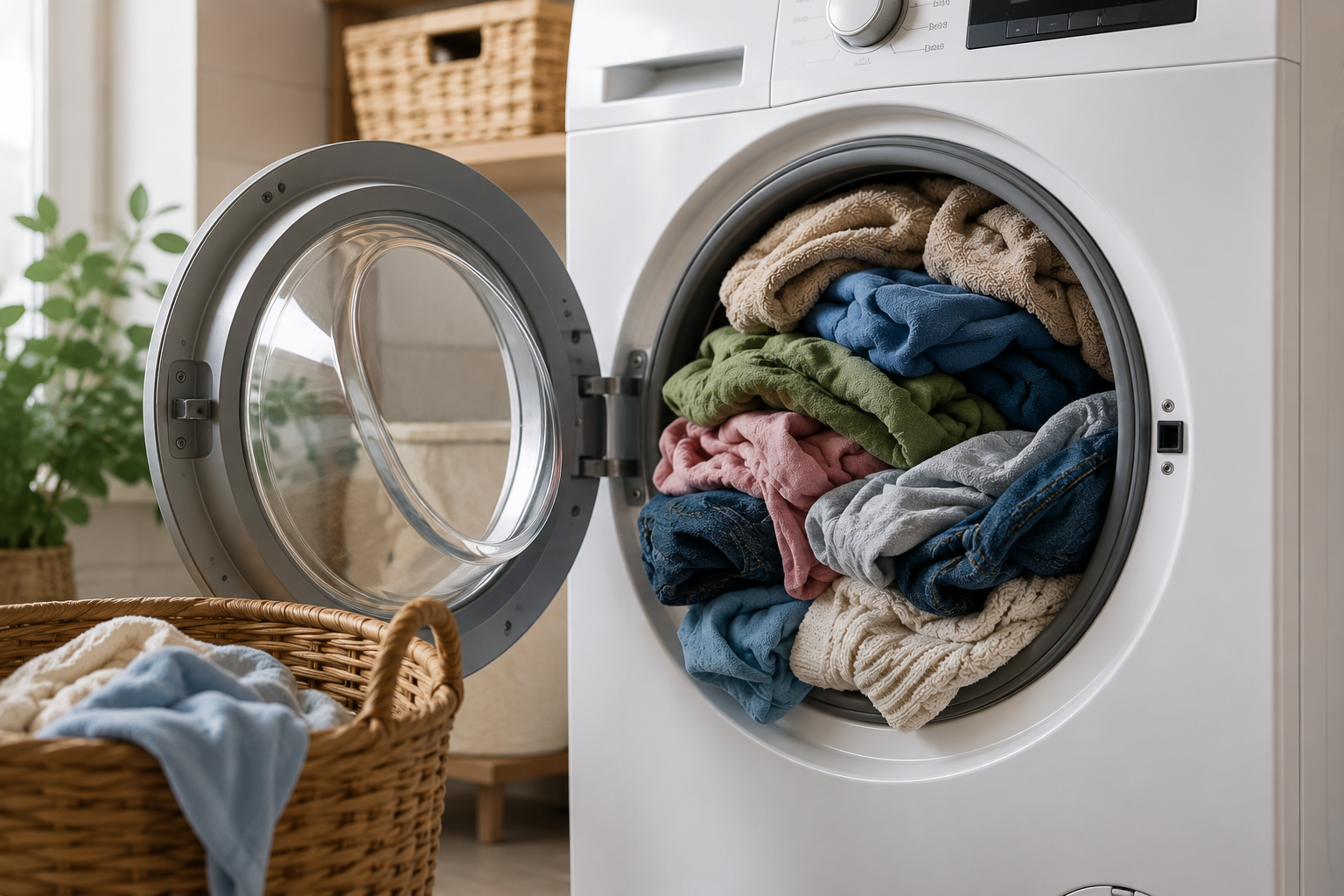Lavatrice sovraccarica di bucato che mostra un errore comune che compromette il lavaggio dei vestiti