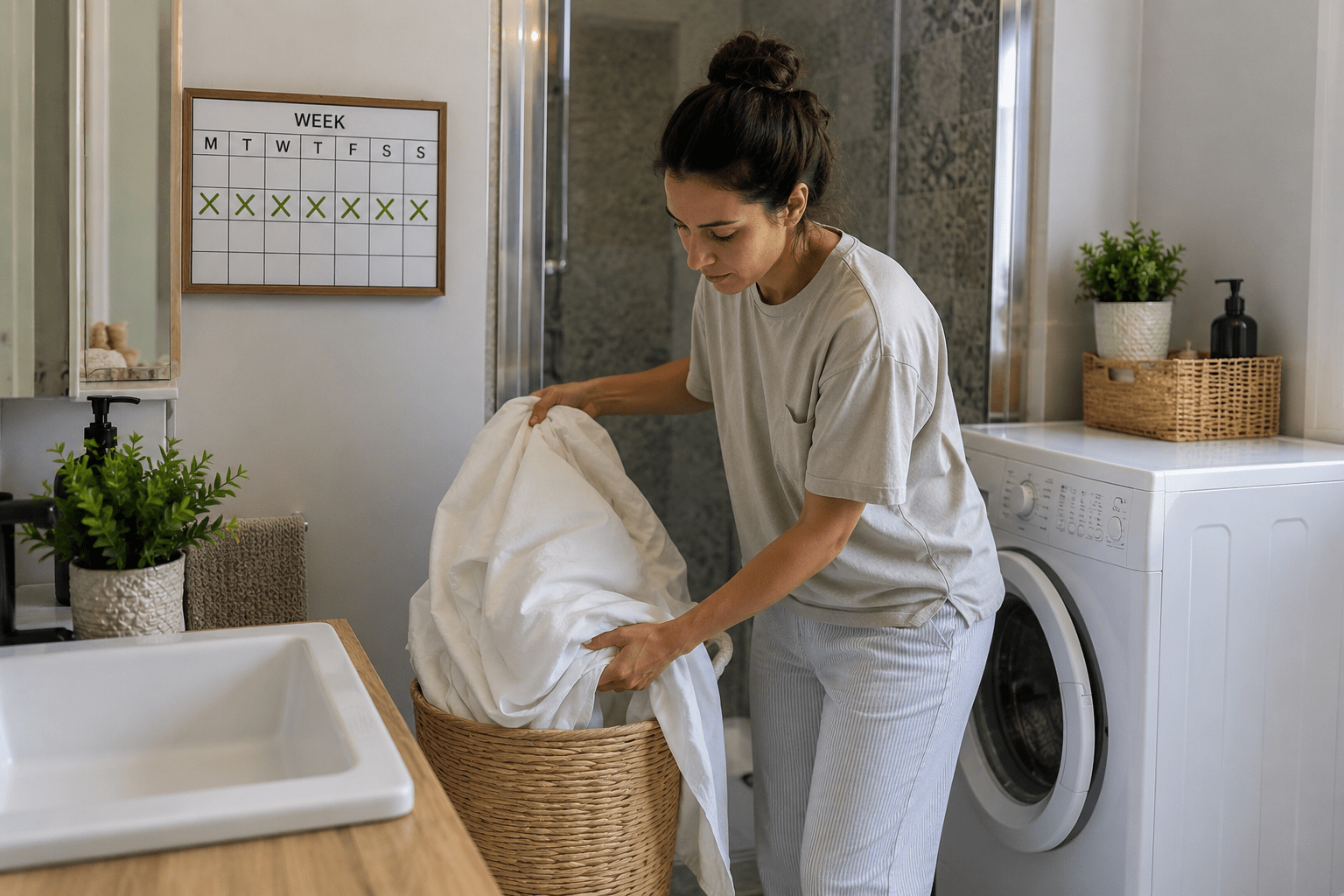 Donna che cambia e raccoglie lenzuola bianche in un bagno moderno con lavatrice, rappresentando il cambio settimanale della biancheria da letto.
