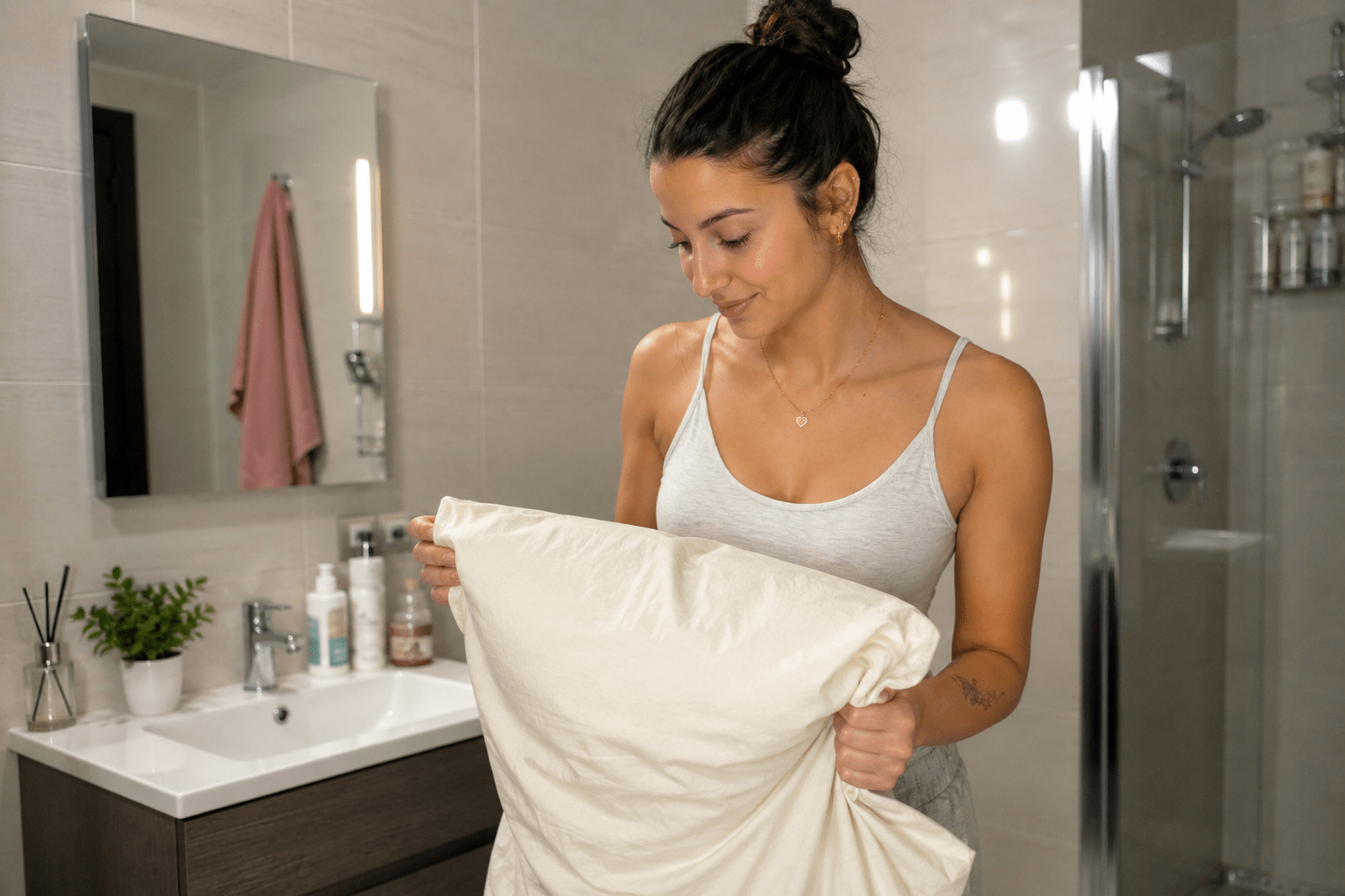 Donna in bagno moderno che controlla una federa pulita, simbolo dell’igiene quotidiana della biancheria da letto e della cura della pelle.