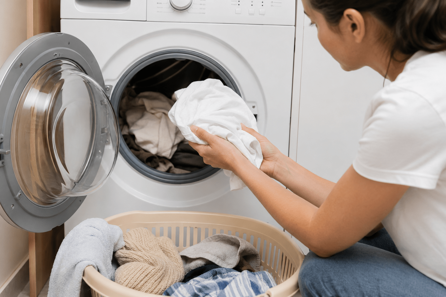 Donna mentre controlla un bucato appena lavato davanti alla lavatrice, in una lavanderia domestica moderna, per rappresentare gli errori che fanno sembrare i vestiti meno puliti.