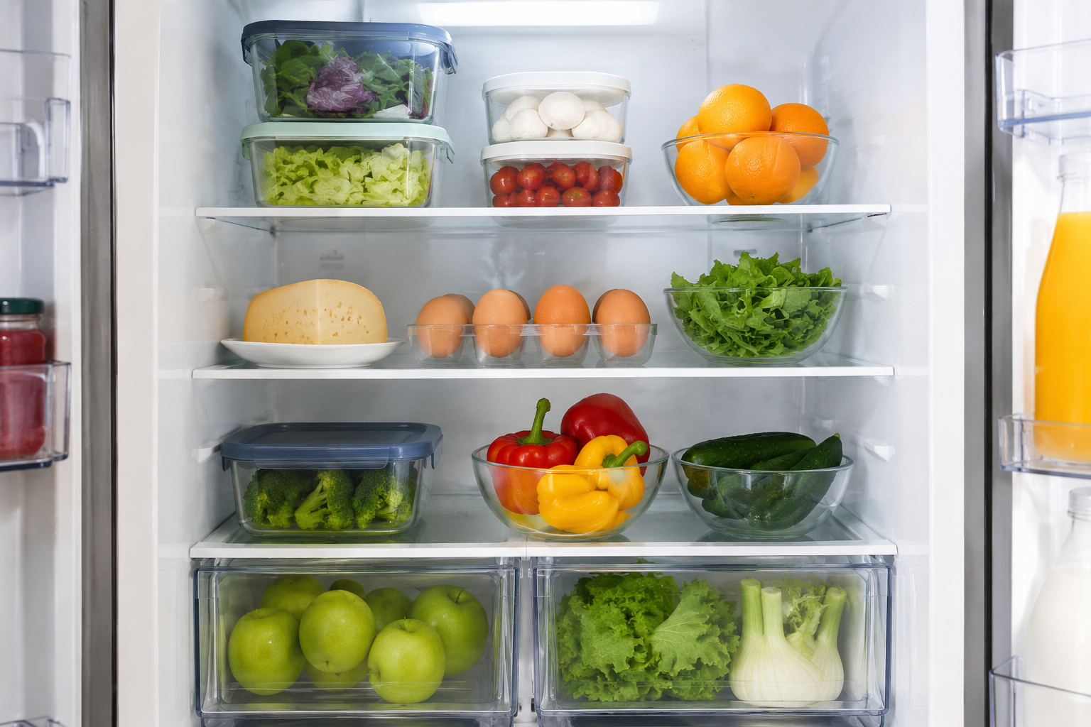Interno di un frigorifero moderno, pulito e ben organizzato, con contenitori ermetici, frutta e verdura fresca disposte ordinatamente sui ripiani. Un'immagine che trasmette freschezza, igiene e corretta conservazione degli alimenti.