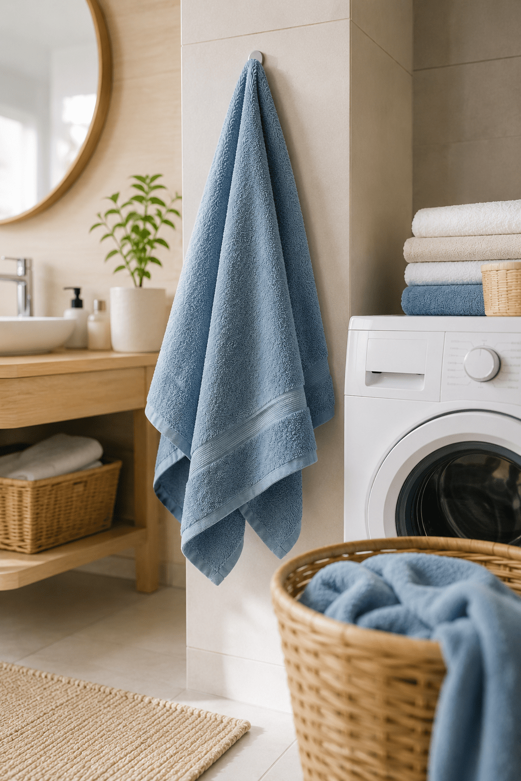 Asciugamano da bagno appeso ad asciugare in un bagno luminoso accanto a una lavatrice e a biancheria pulita, in un ambiente ordinato e ben ventilato.
