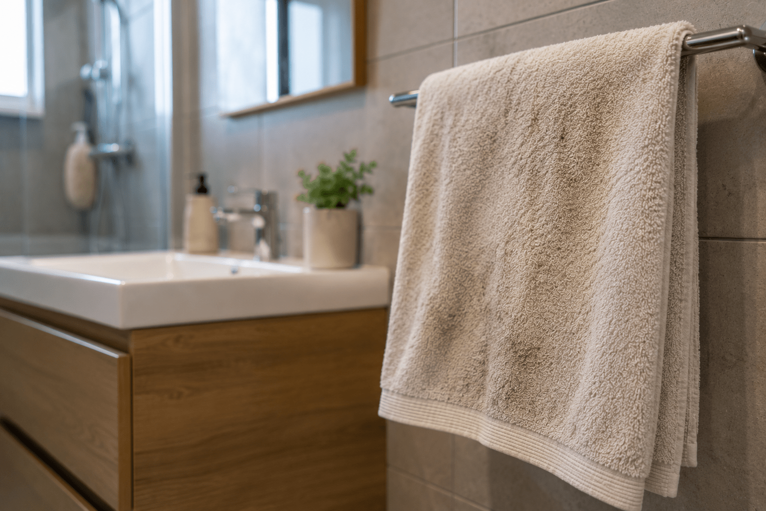 Asciugamano da bagno utilizzato e leggermente ingrigito appeso in un bagno moderno, un segnale che umidità e utilizzo quotidiano possono accumularsi più rapidamente di quanto si pensi.