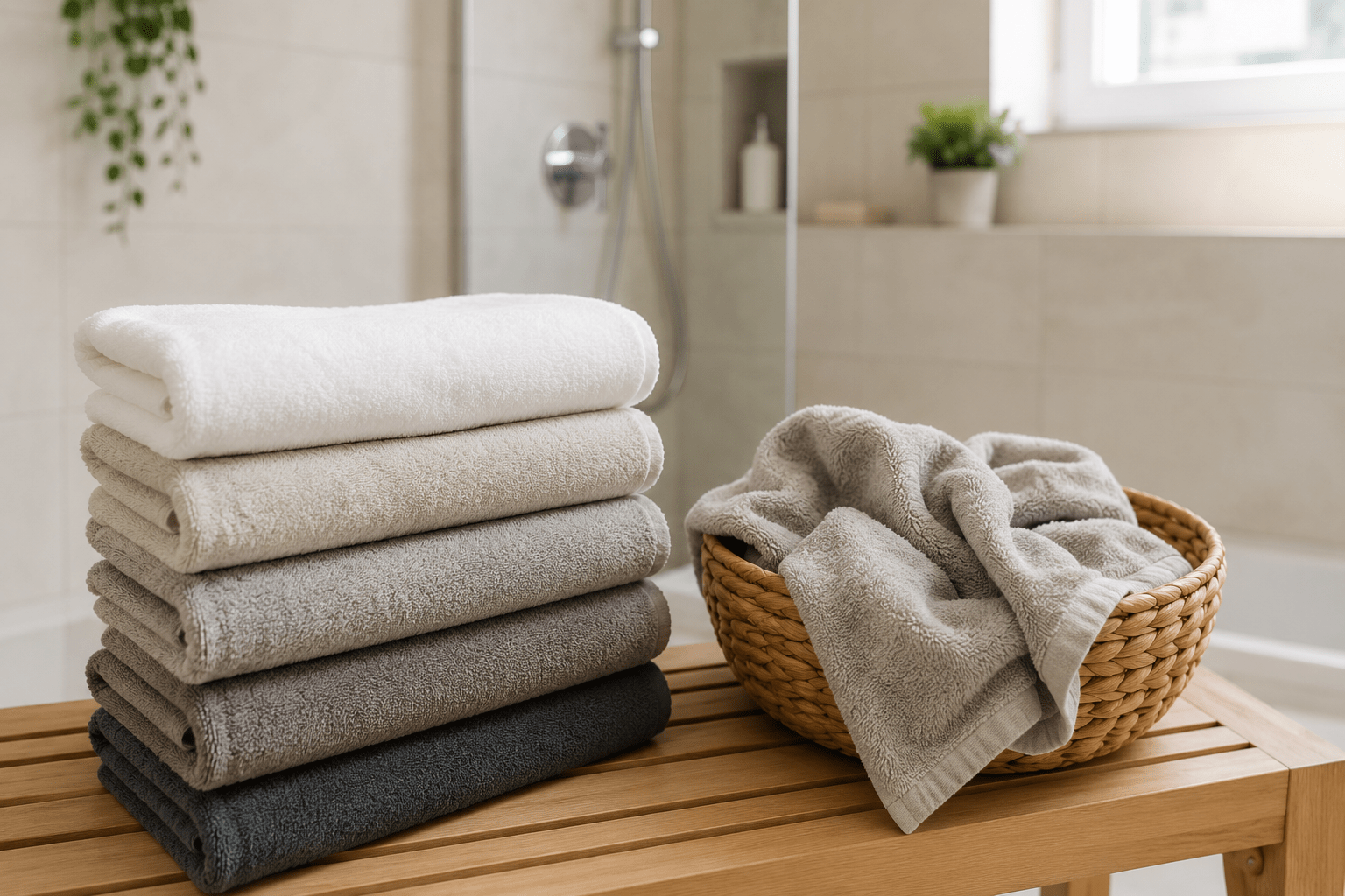 Pile di asciugamani da bagno puliti accanto a un cesto con asciugamani usati in un bagno moderno e luminoso, simbolo della corretta frequenza di lavaggio.
