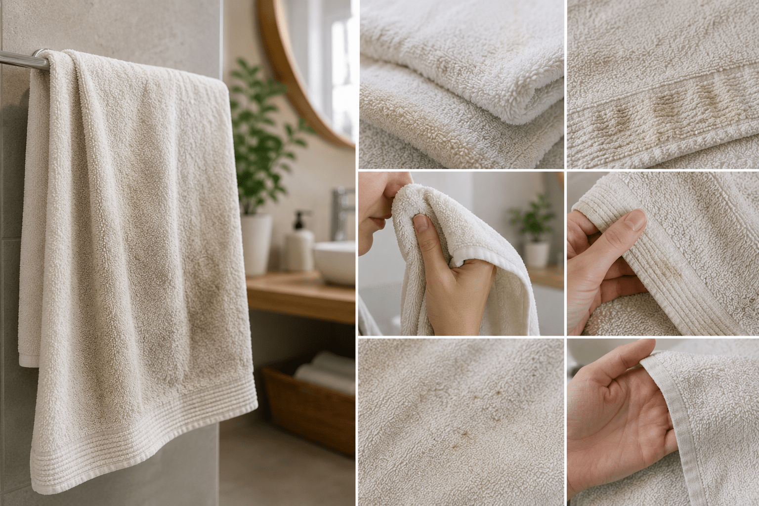 Asciugamano da bagno con lievi segni di usura e perdita di freschezza osservato da vicino, mentre vengono controllati i dettagli che indicano la necessità di un lavaggio o di una sostituzione.