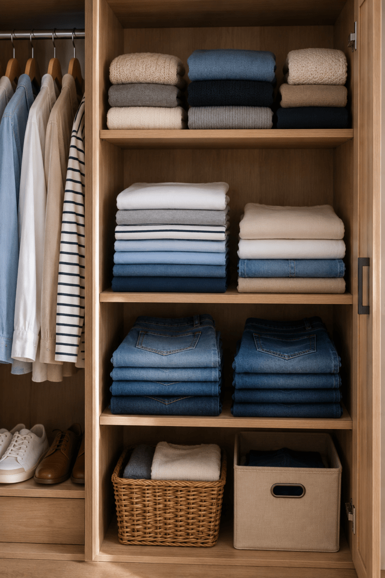 Armadio ordinato con vestiti piegati e appesi con cura, organizzati su scaffali in legno per mantenere i capi freschi e ben conservati.