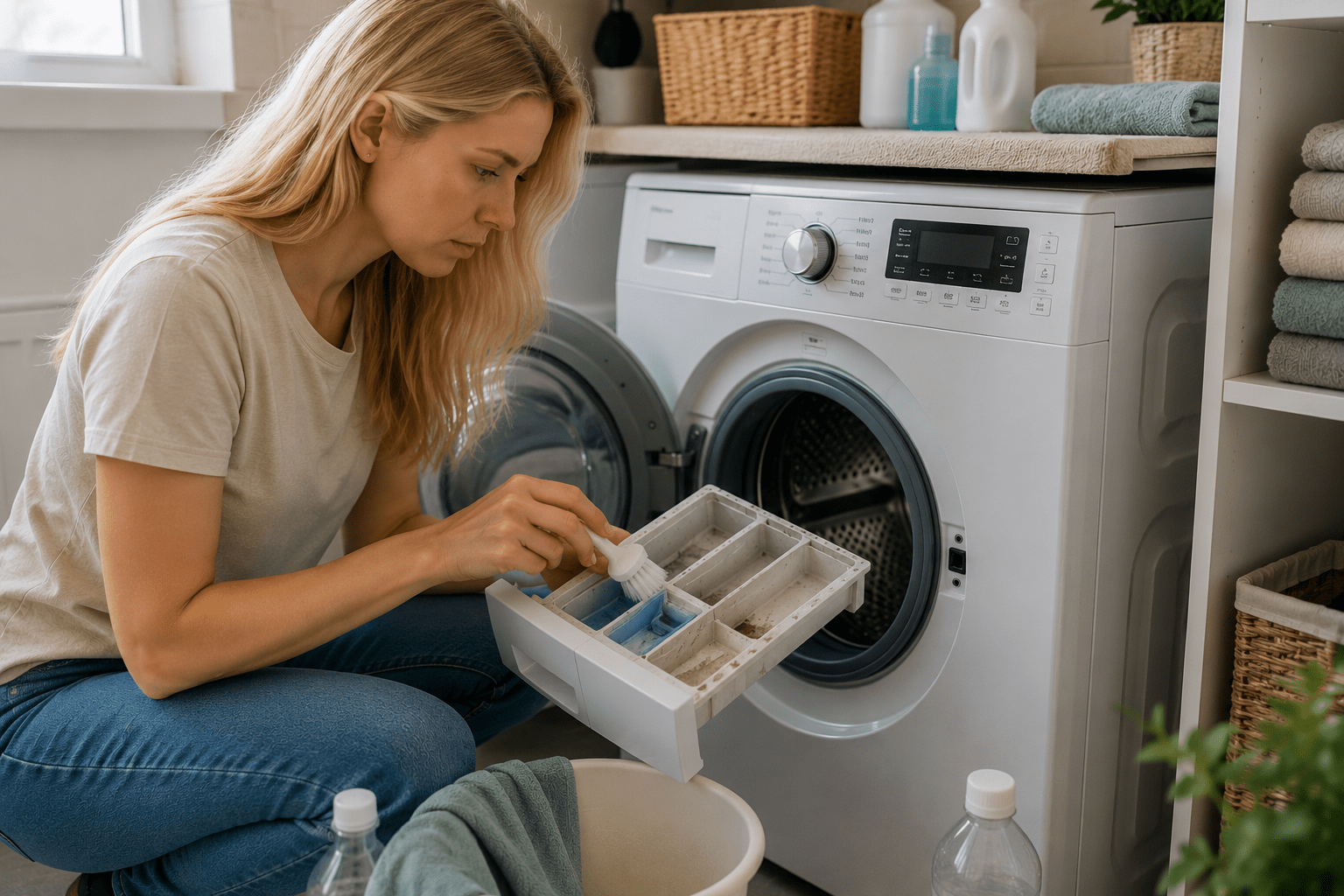 Donna che pulisce il cassetto del detersivo di una lavatrice in una lavanderia domestica, una delle aree dove possono accumularsi residui che compromettono la freschezza del bucato.