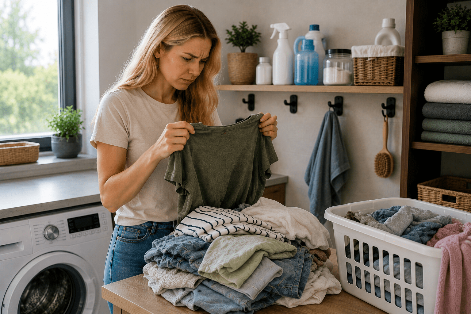 Donna in una lavanderia domestica mentre controlla alcuni capi appena piegati prima di riporli, cercando di capire se sono completamente asciutti.